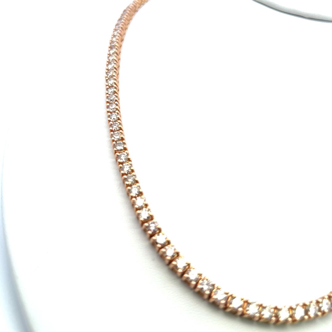 Estate 14K Rose Gold Tennis Necklace with 20 Carat Round H VS Diamonds