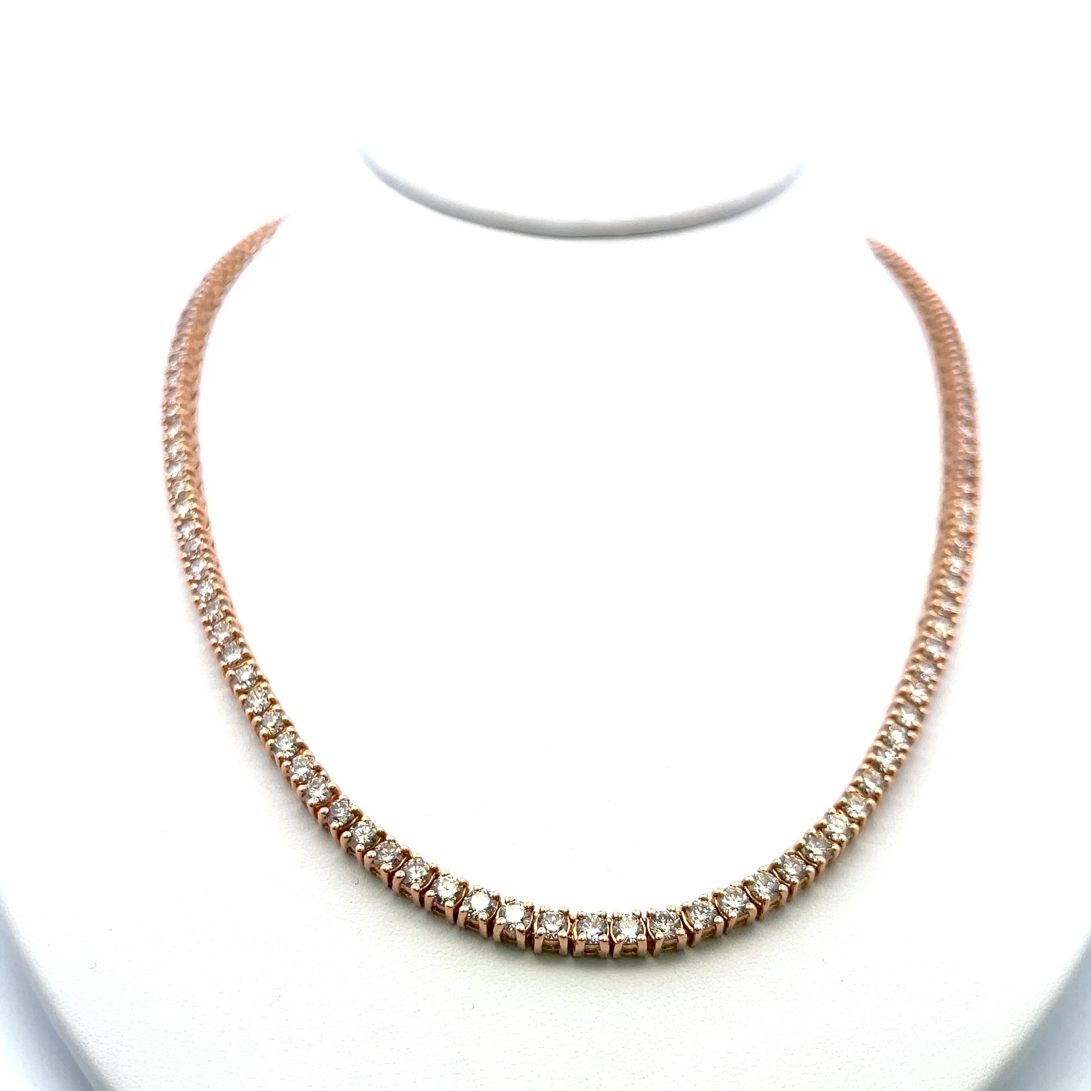 Estate 14K Rose Gold Tennis Necklace with 20 Carat Round H VS Diamonds