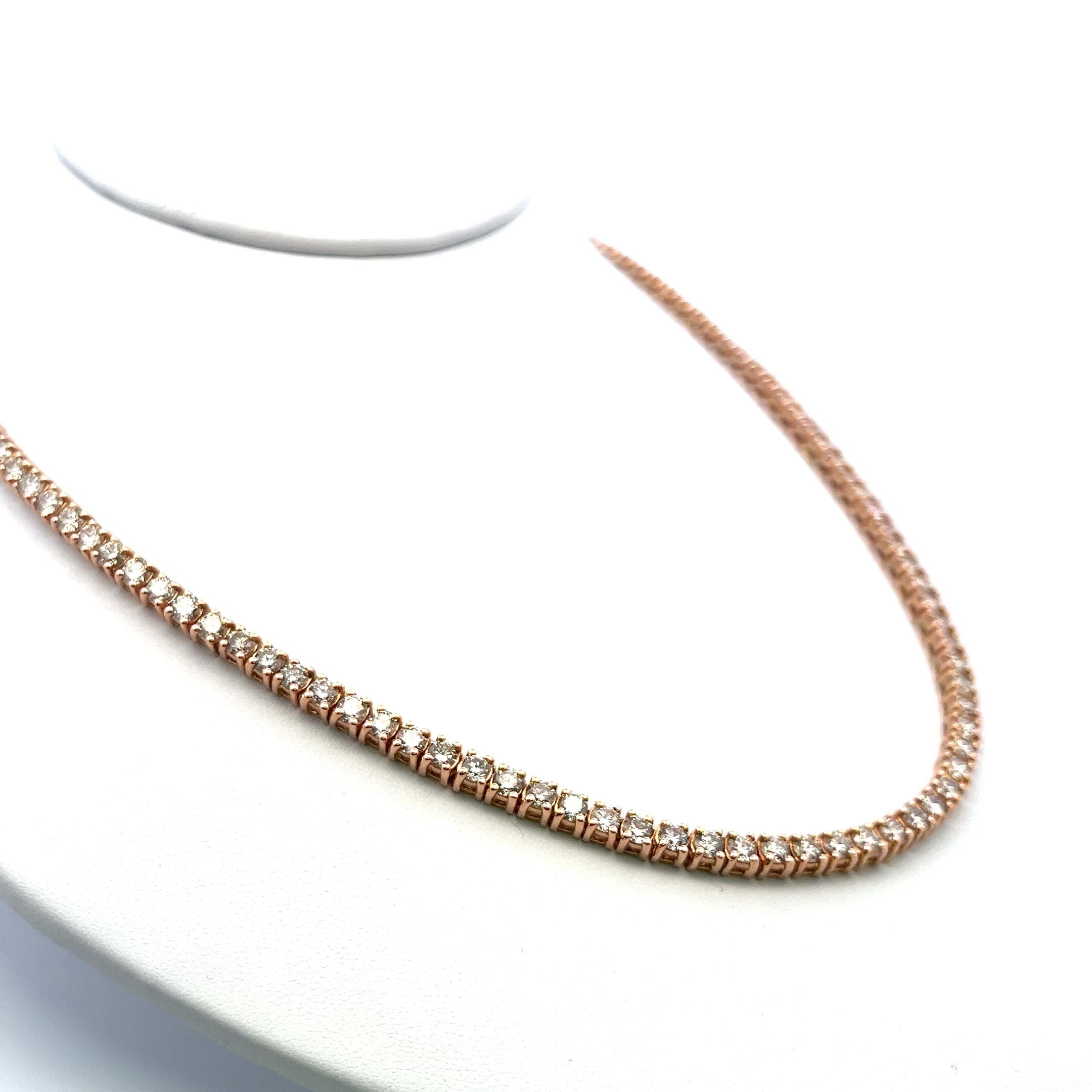 Estate 14K Rose Gold Tennis Necklace with 20 Carat Round H VS Diamonds