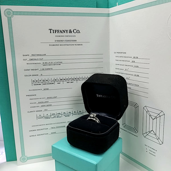 Tiffany & Co 1.06 Carat Emerald Cut G VS1 Diamond Platinum Engagement Ring