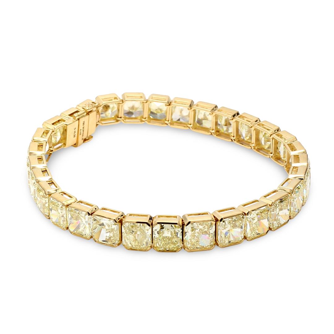 18K YG Tennis Bracelet with 43.35 Carat Radiant Cut Diamonds Fancy-lit GIA