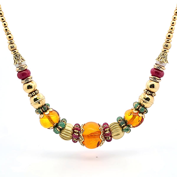 Vintage 67.50 Grams Multi Gem 18 Karat Yellow Gold Beed Necklace