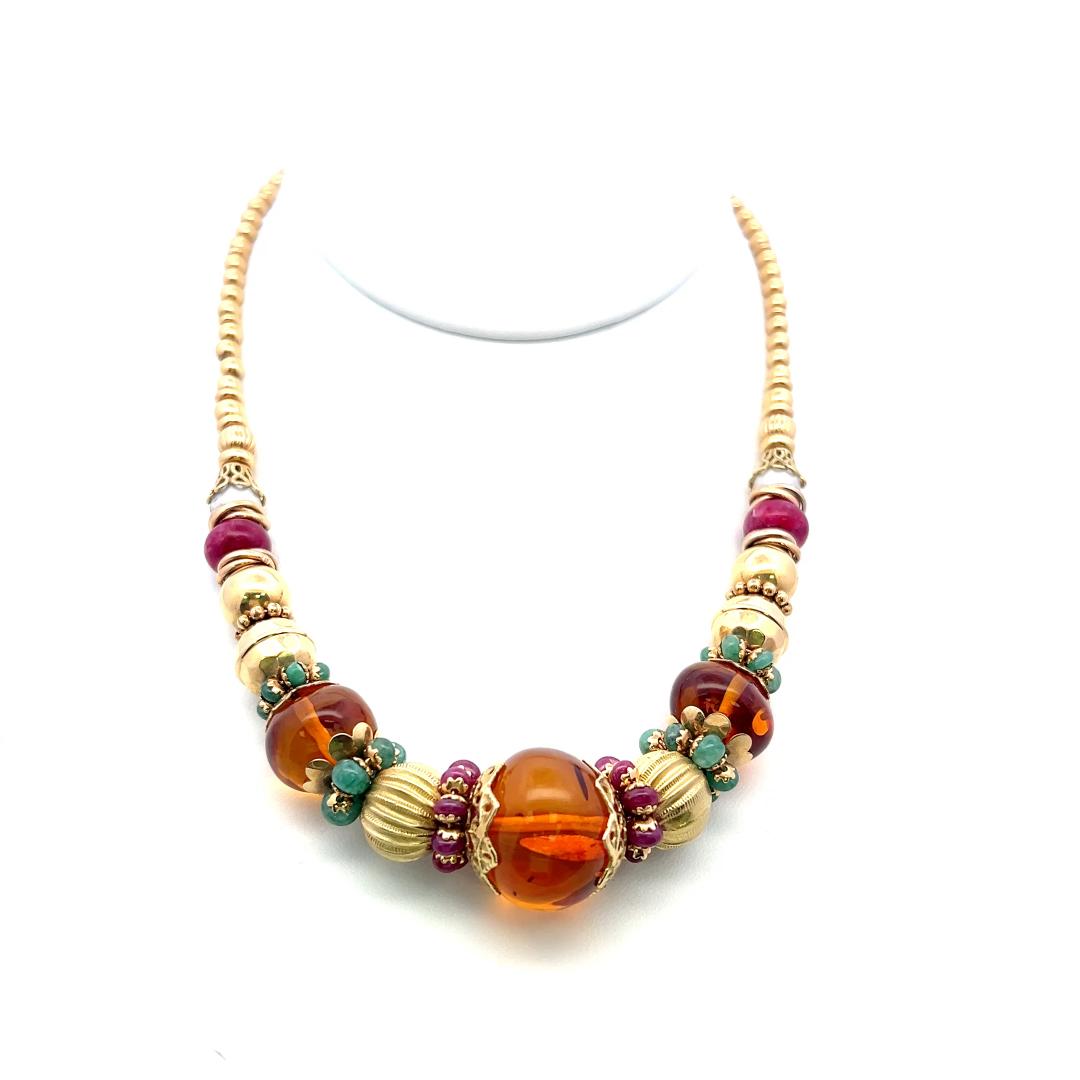 Vintage 22 Karat Yellow Gold Beaded Necklace Amber and other Gems 18 Inch