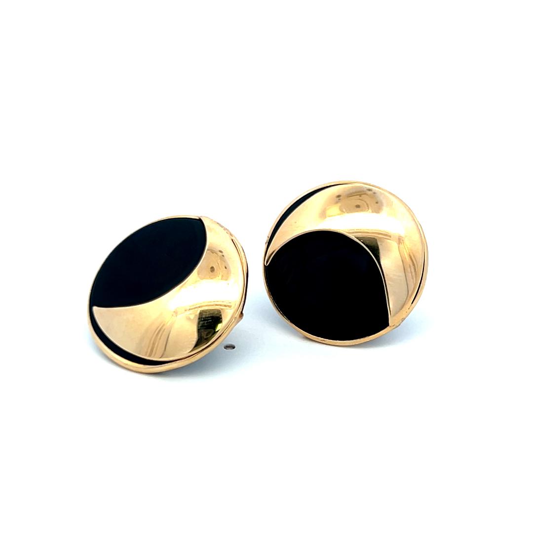 14K Yellow Gold Round Onyx Stud Earrings – Vintage Modernist Design