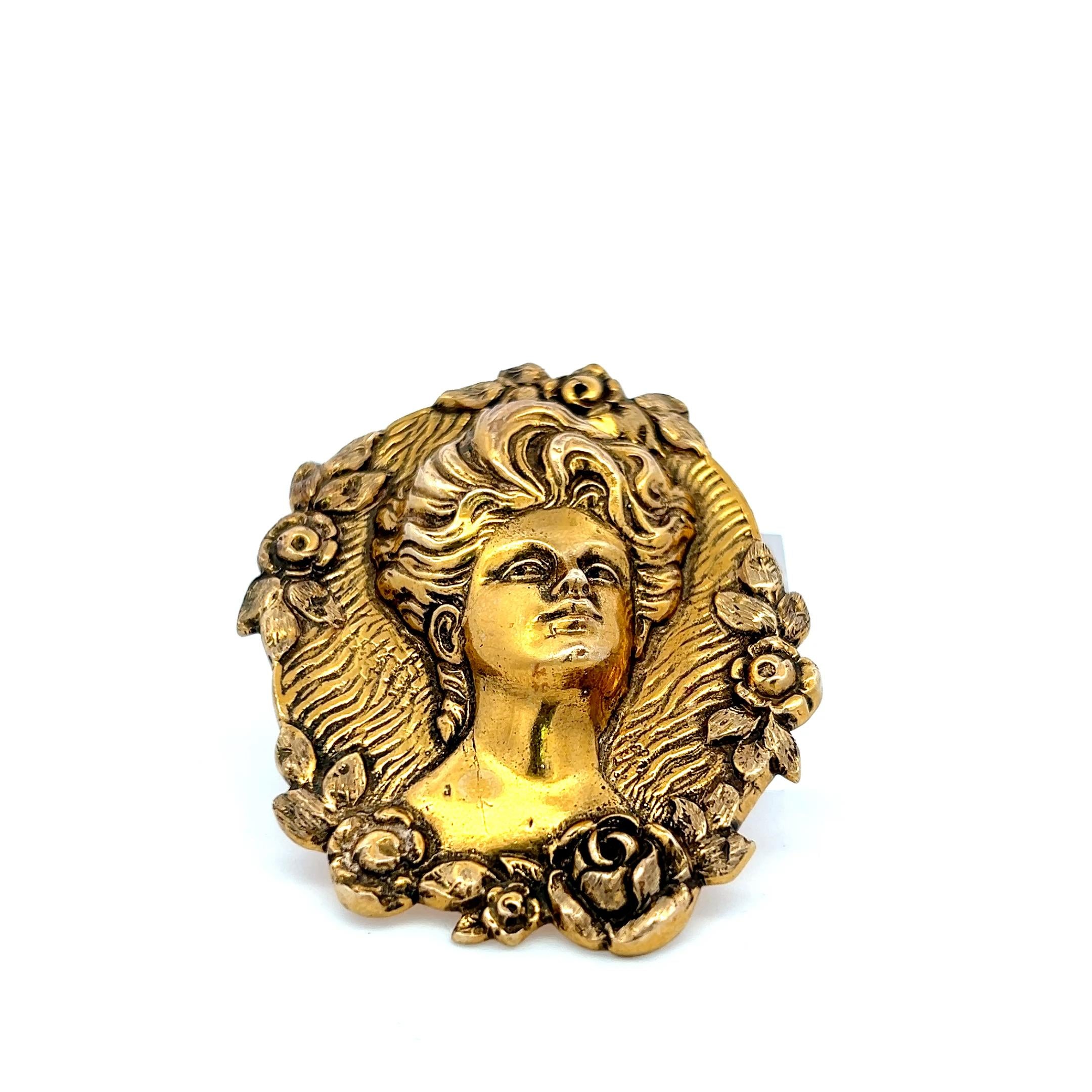Antique 14K Yellow Gold Portrait Floral motif Pin Brooch 32.9 Grams