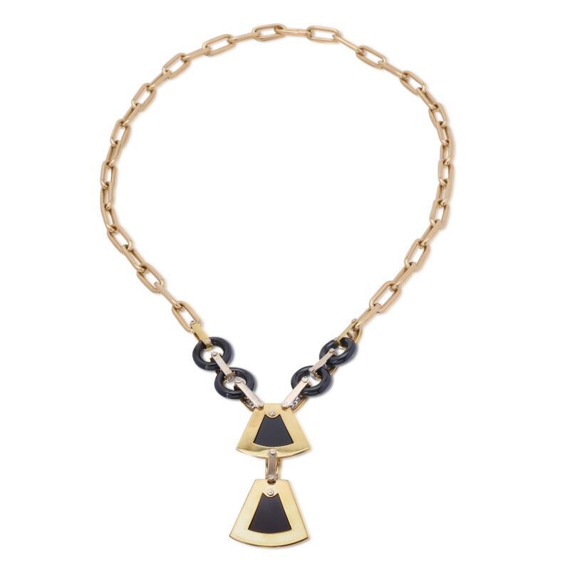 Vintage 14K Yellow Gold Pendant Necklace with 0.8 Carat Round Diamonds Onyx