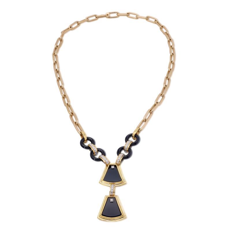 Vintage 14K Yellow Gold Pendant Necklace with 0.8 Carat Round Diamonds Onyx