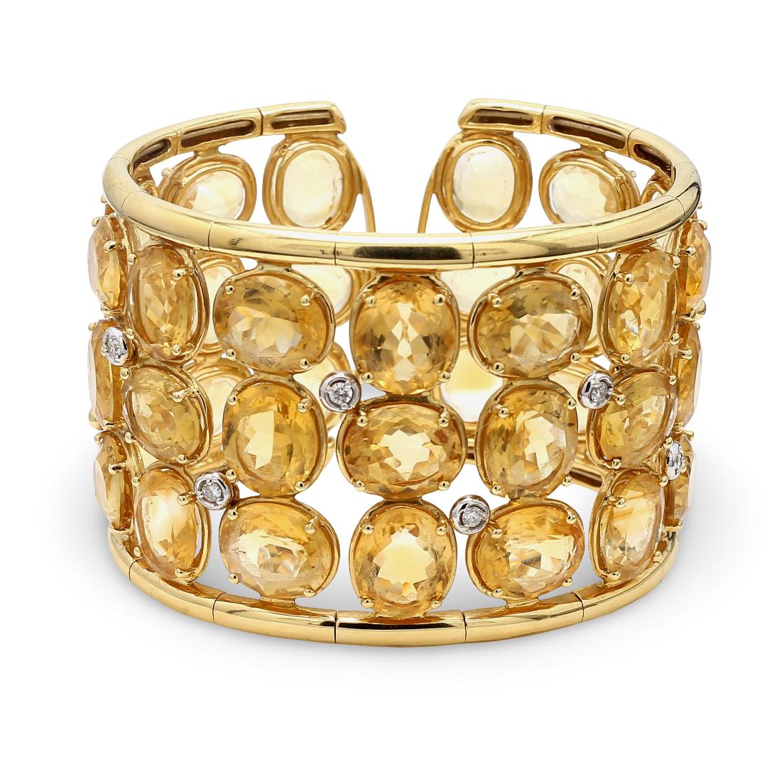 Estate 18K Yelow Gold Bangle Bracelet with 0.42ct Round Diamonds & 195ct Citrine