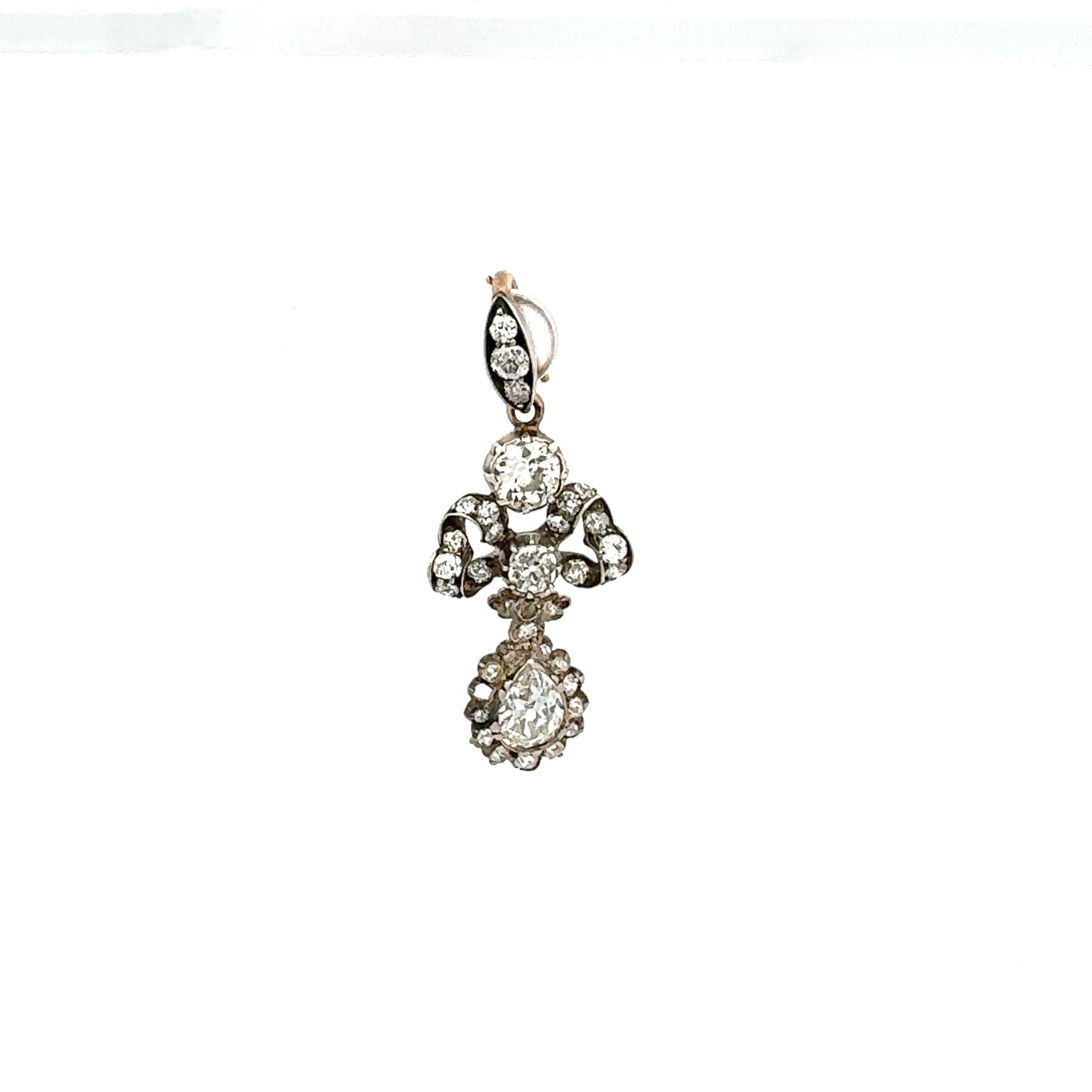 3.80ct Old European & Pear Diamond Platinum and 18K Gold Antique Pendant