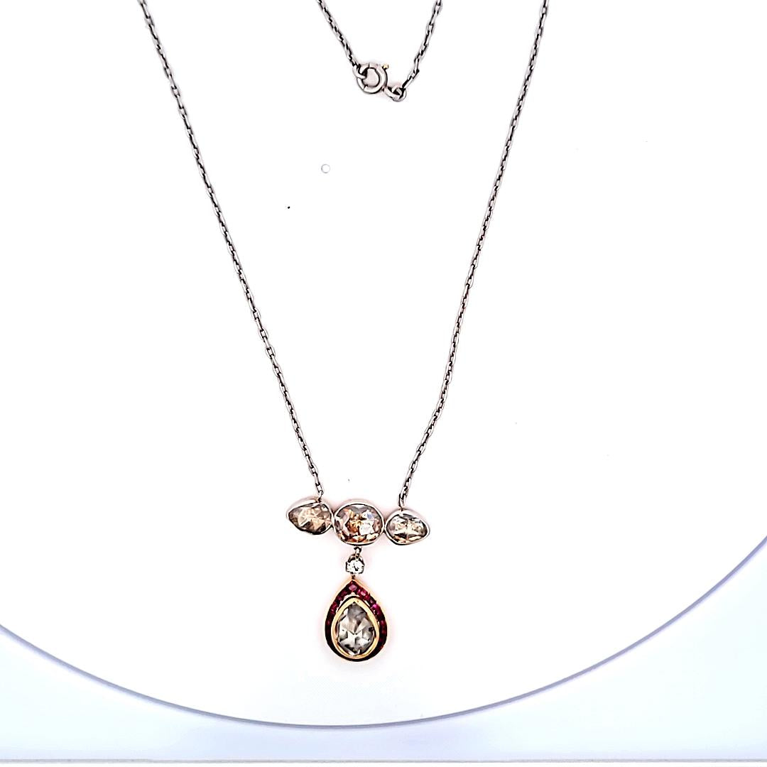 4.22 Carat Rose Cut Diamond 0.50 Carat Sapphire 18 Karat Gold Pendant Necklace