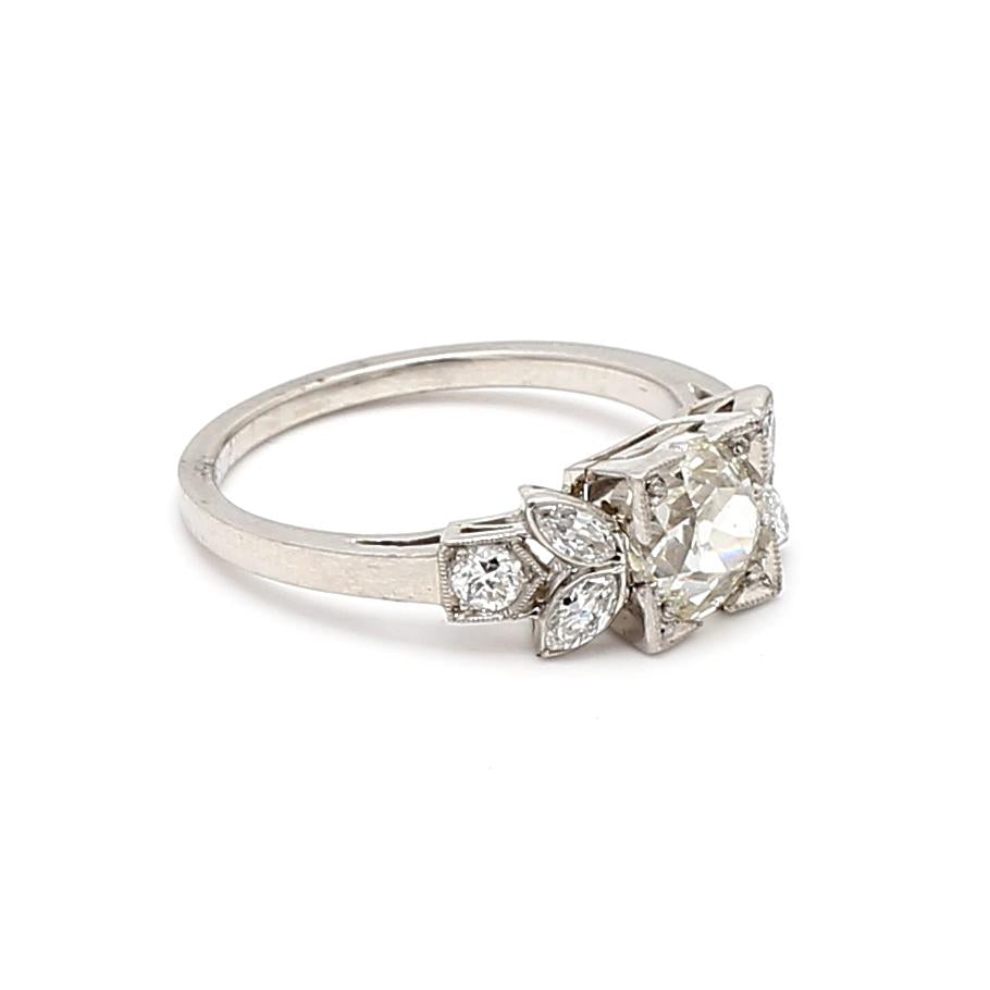 Platinum Art Deco Ring with 1.46 Ct Round Marquis & Circular Diamonds I-SI2 GIA