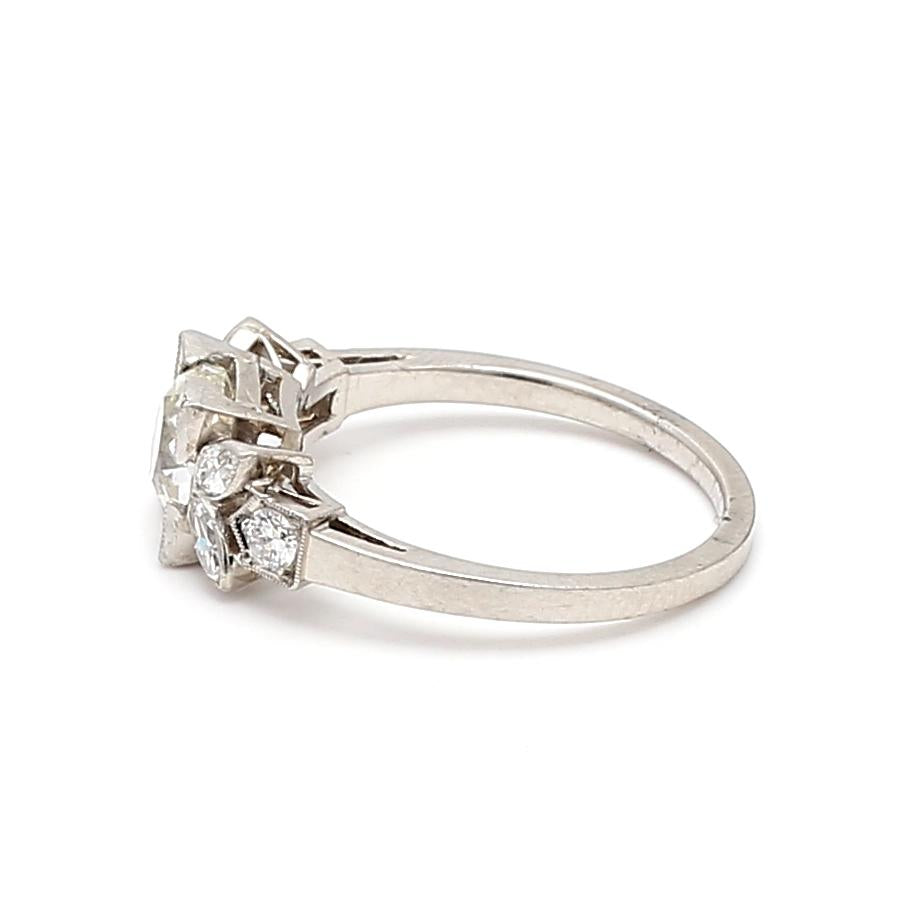 Platinum Art Deco Ring with 1.46 Ct Round Marquis & Circular Diamonds I-SI2 GIA