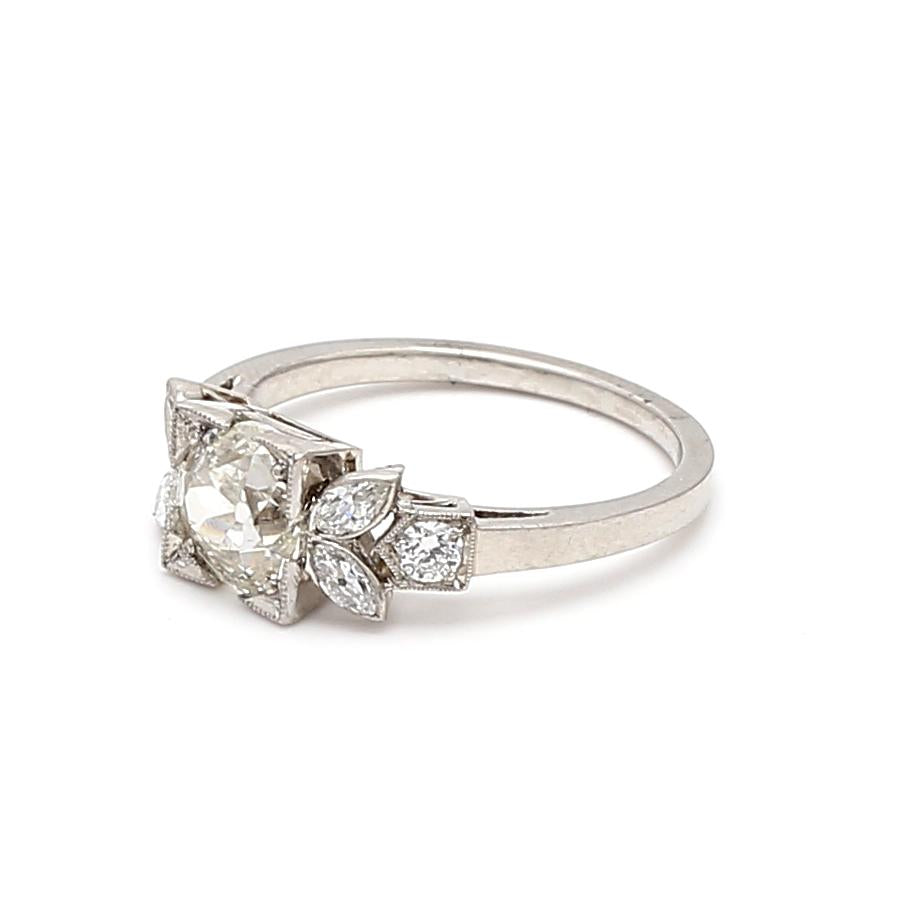 Platinum Art Deco Ring with 1.46 Ct Round Marquis & Circular Diamonds I-SI2 GIA