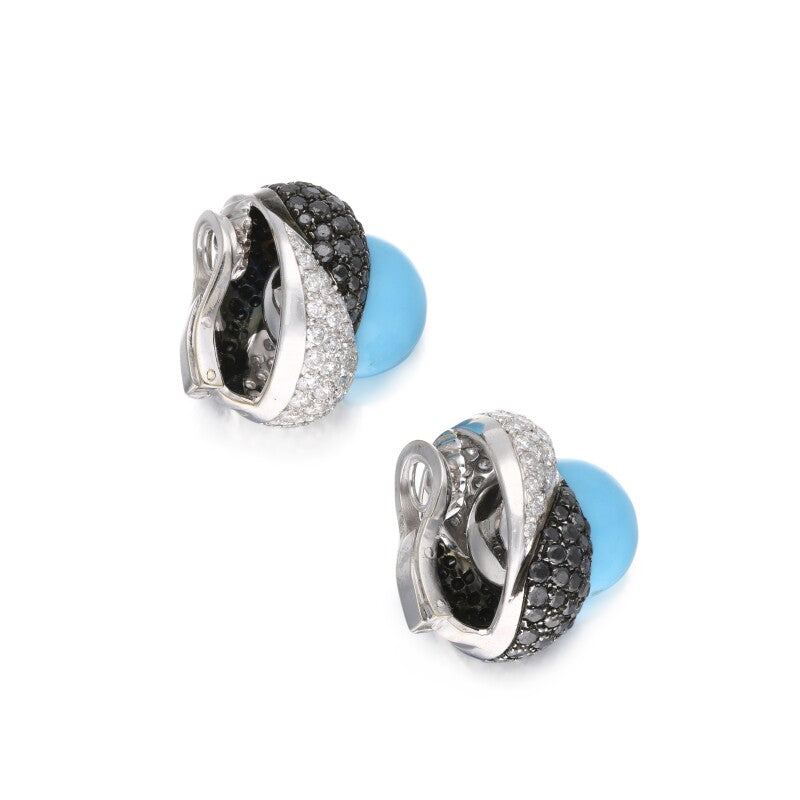 7.40 Carat Black and White Diamond Turquoise 18K White Gold Clip On Earrings