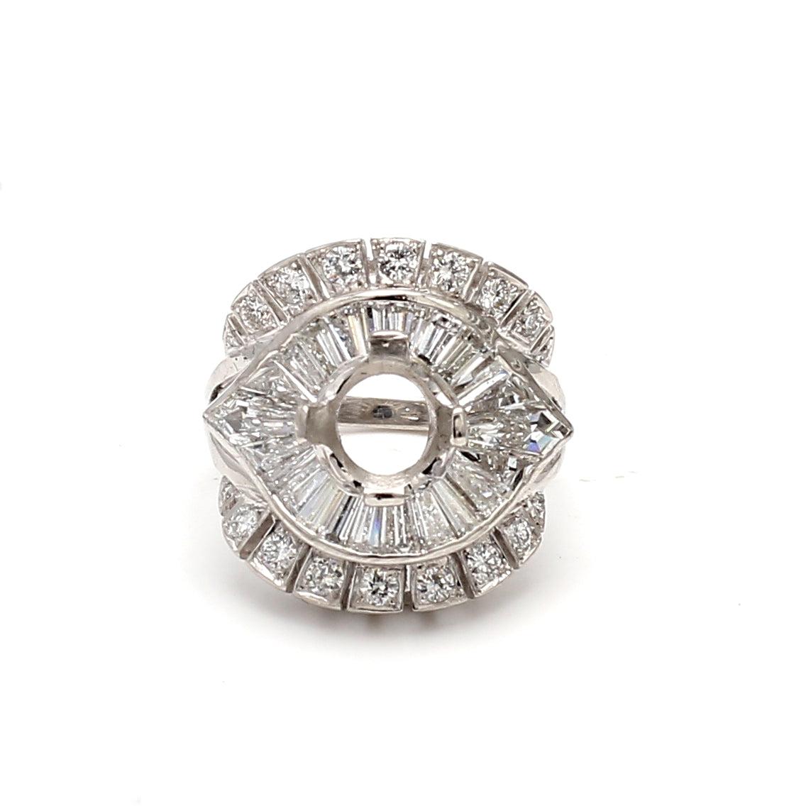 3.06 Carat Round Brilliant and Baguette Shape Diamond Platinum Semi Mount Ring