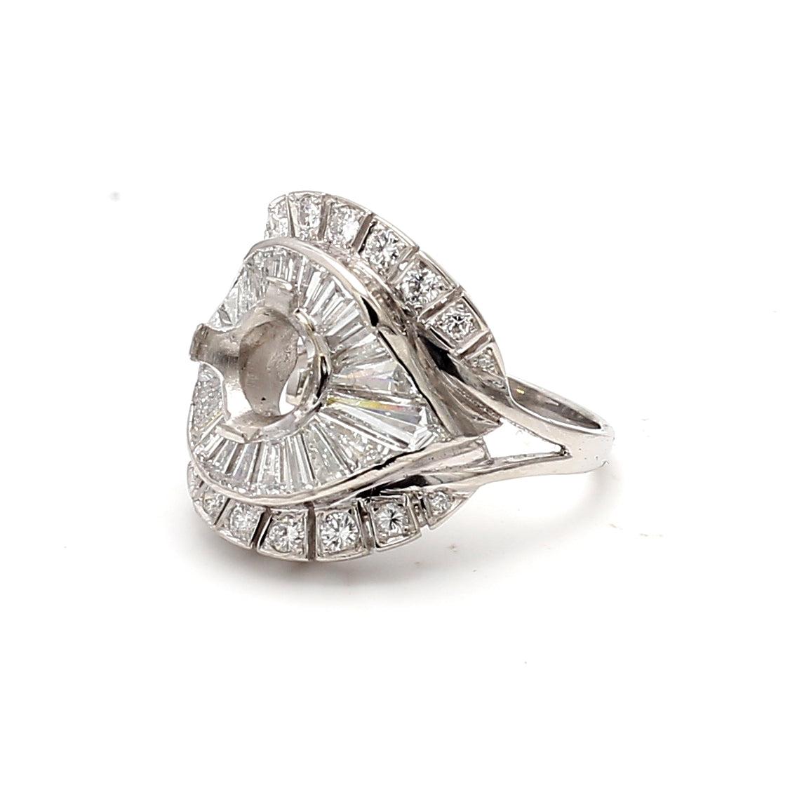 3.06 Carat Round Brilliant and Baguette Shape Diamond Platinum Semi Mount Ring