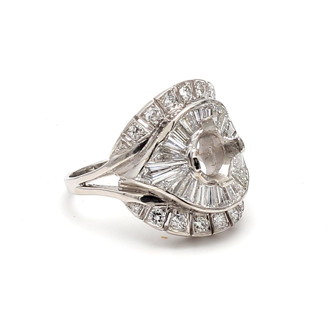 3.06 Carat Round Brilliant and Baguette Shape Diamond Platinum Semi Mount Ring