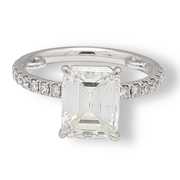 3.46 Carat Emerald Cut and Round Brilliant Diamond Platinum Engagement Ring