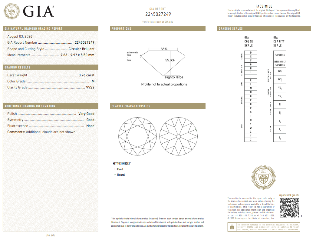 3.26 Carat Round Brilliant Diamond Rare Loose M-VVS2 Natural GIA