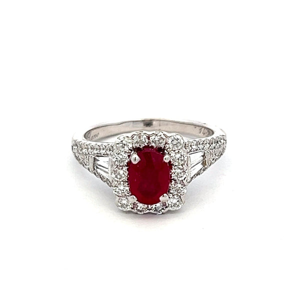 1.75 Carat Round and Baguette Diamond 1.43 Carat Ruby 14K WG Engagement Ring