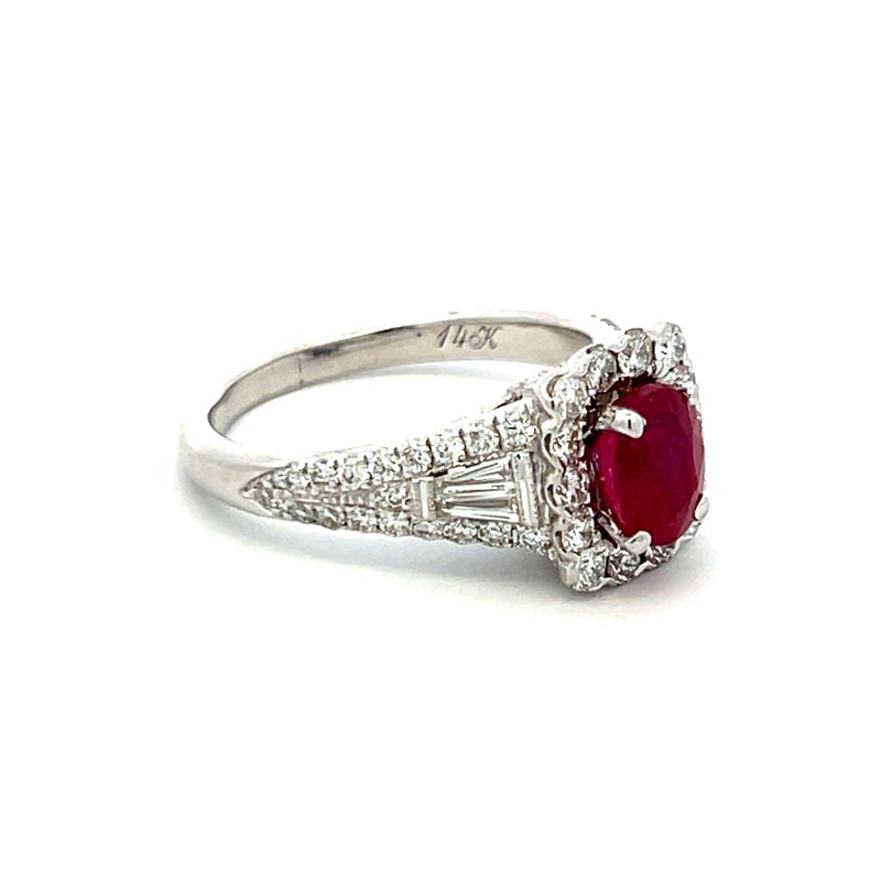 1.75 Carat Round and Baguette Diamond 1.43 Carat Ruby 14K WG Engagement Ring