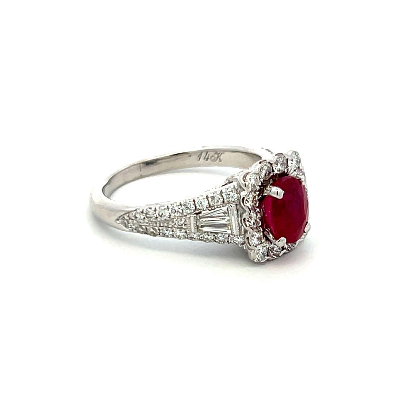 1.75 Carat Round and Baguette Diamond 1.43 Carat Ruby 14K WG Engagement Ring