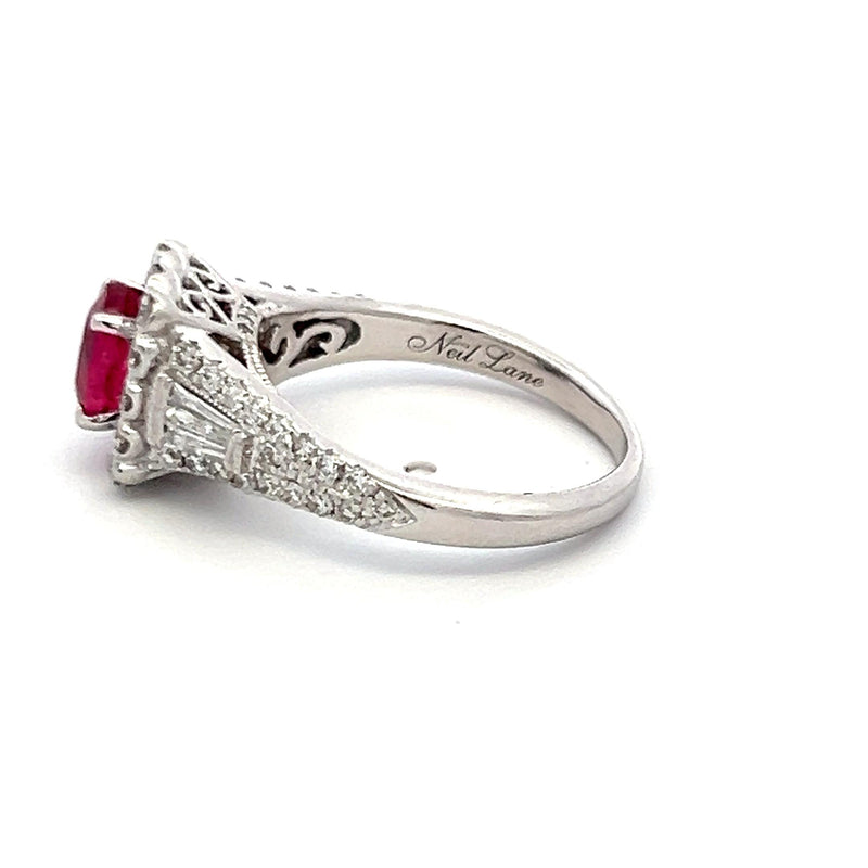 1.75 Carat Round and Baguette Diamond 1.43 Carat Ruby 14K WG Engagement Ring