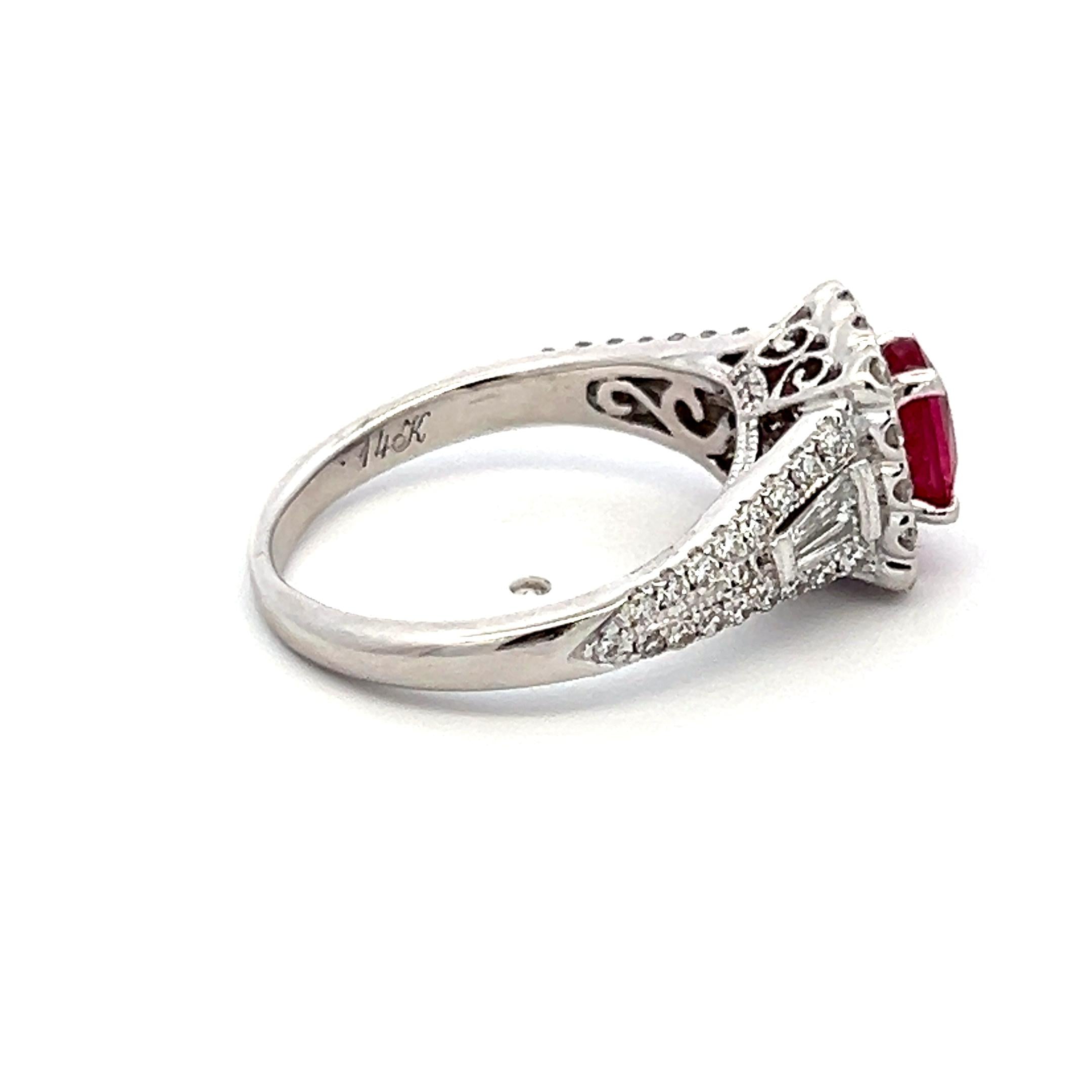 1.75 Carat Round and Baguette Diamond 1.43 Carat Ruby 14K WG Engagement Ring