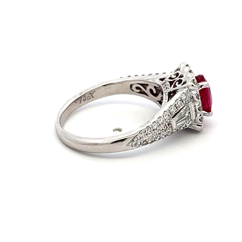 1.75 Carat Round and Baguette Diamond 1.43 Carat Ruby 14K WG Engagement Ring