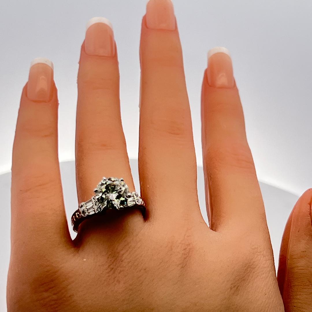 3.71 Carat Round and Tapered Baguette Diamond Platinum Engagement Ring