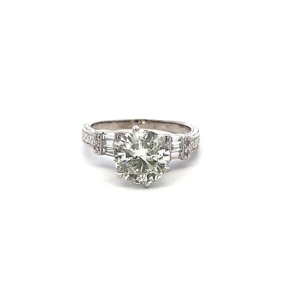 3.71 Carat Round and Tapered Baguette Diamond Platinum Engagement Ring