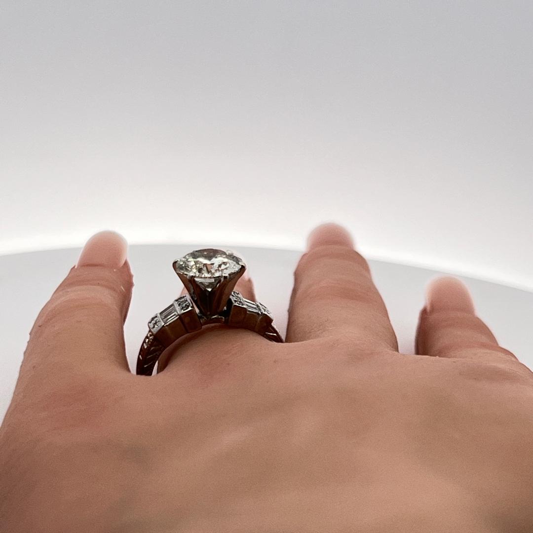 3.71 Carat Round and Tapered Baguette Diamond Platinum Engagement Ring