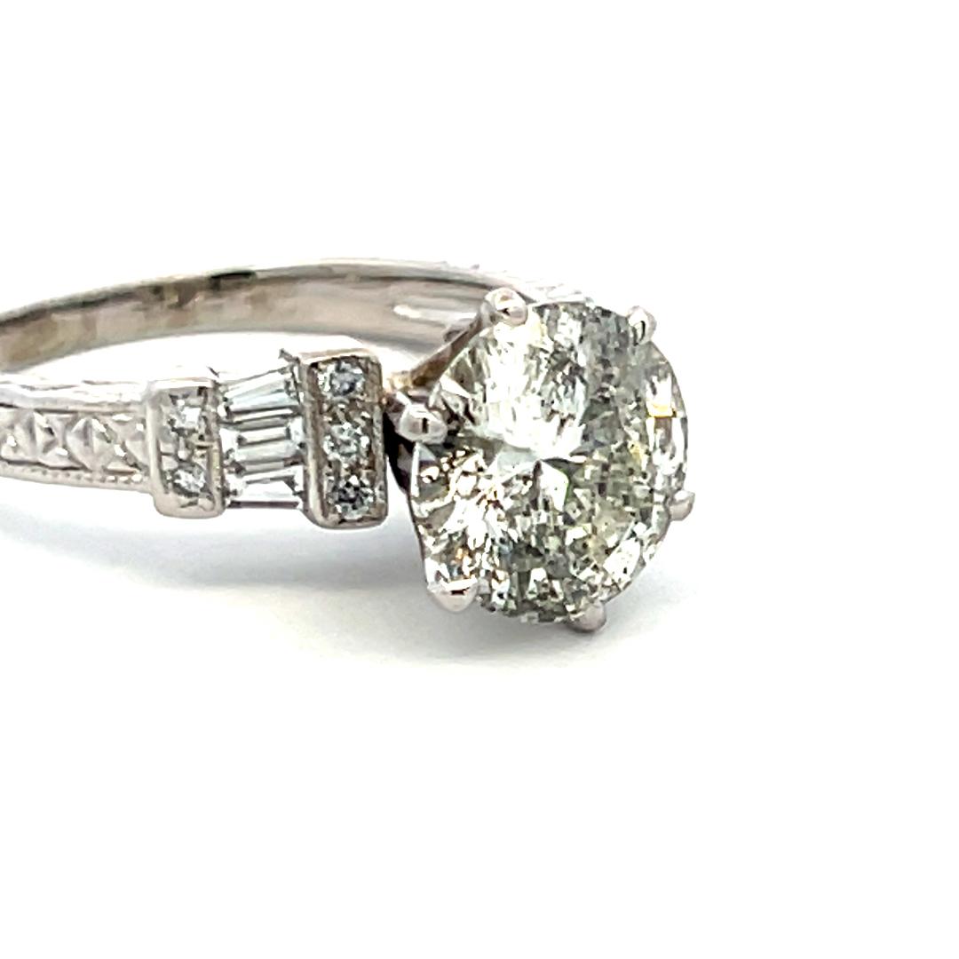 3.71 Carat Round and Tapered Baguette Diamond Platinum Engagement Ring