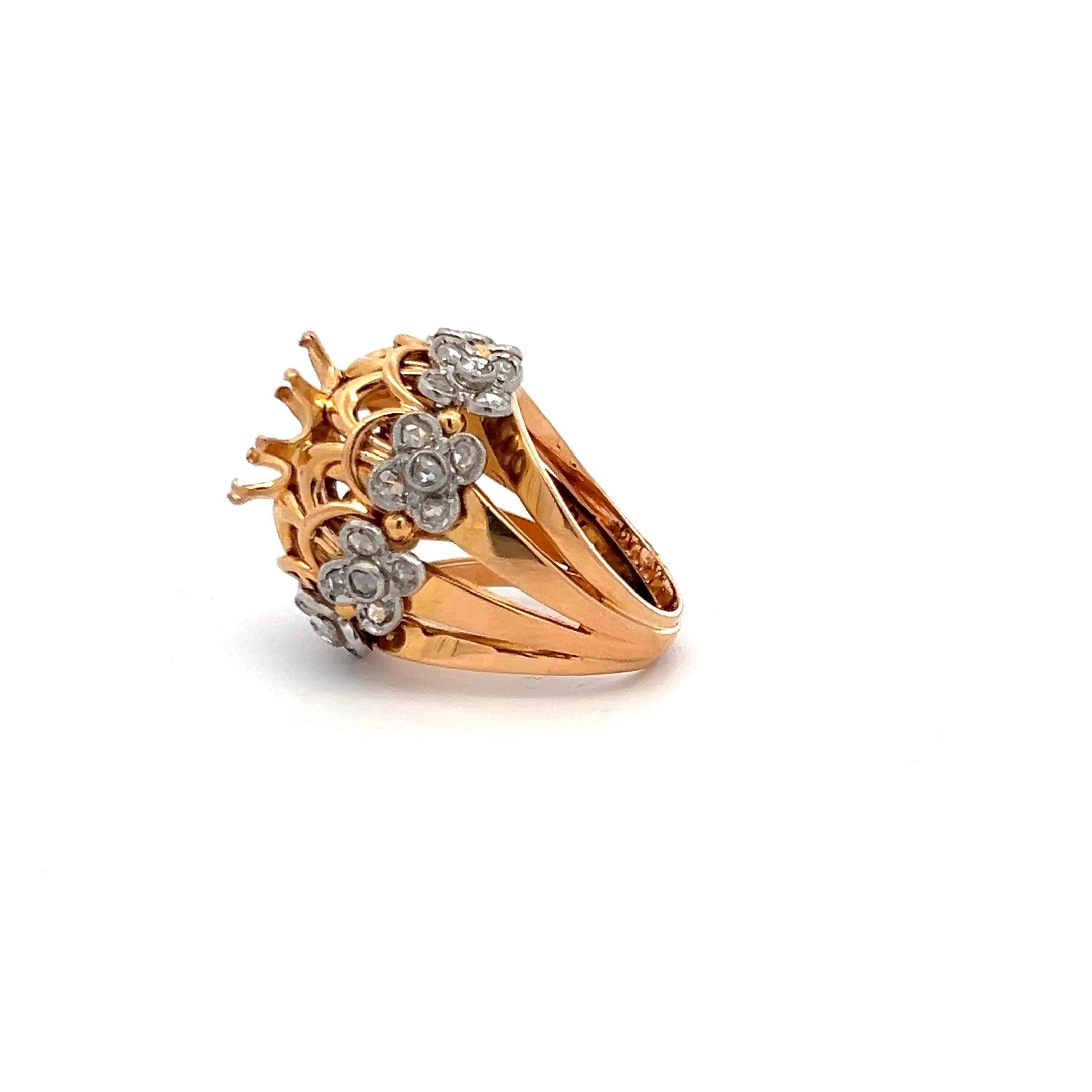 18K YG Semi Mount Ring with 1.4 Carat Rose Cut Diamond Fits 12.03x11.71mm 6.00ct