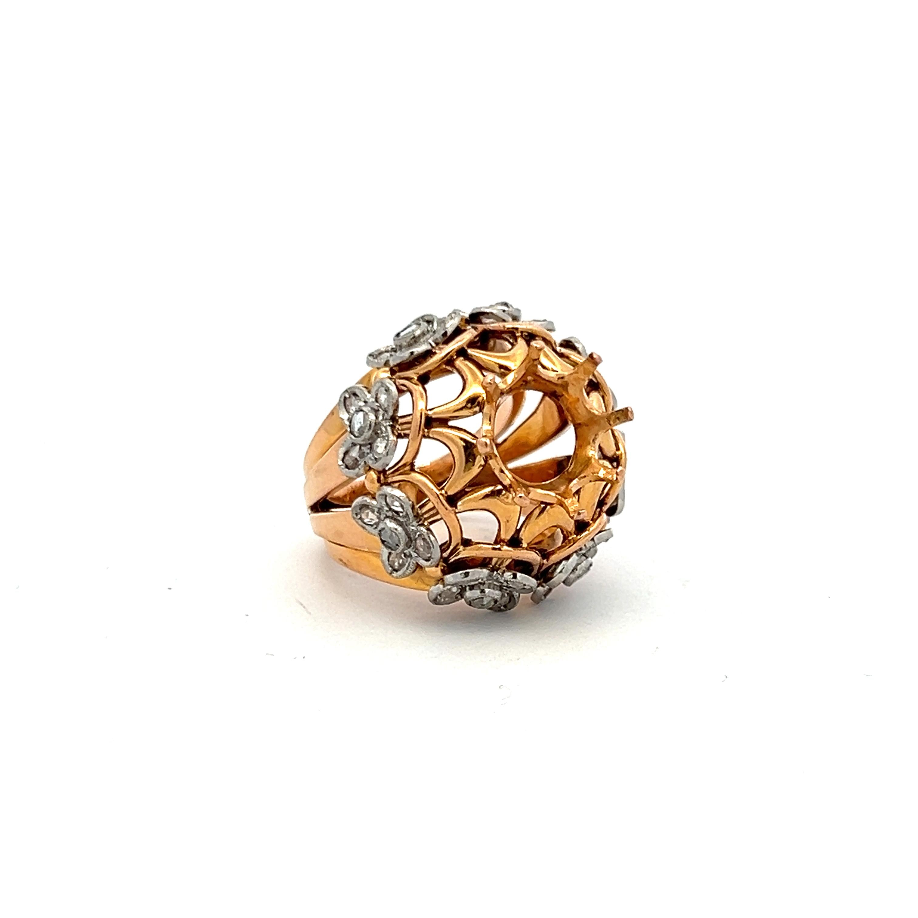 18K YG Semi Mount Ring with 1.4 Carat Rose Cut Diamond Fits 12.03x11.71mm 6.00ct