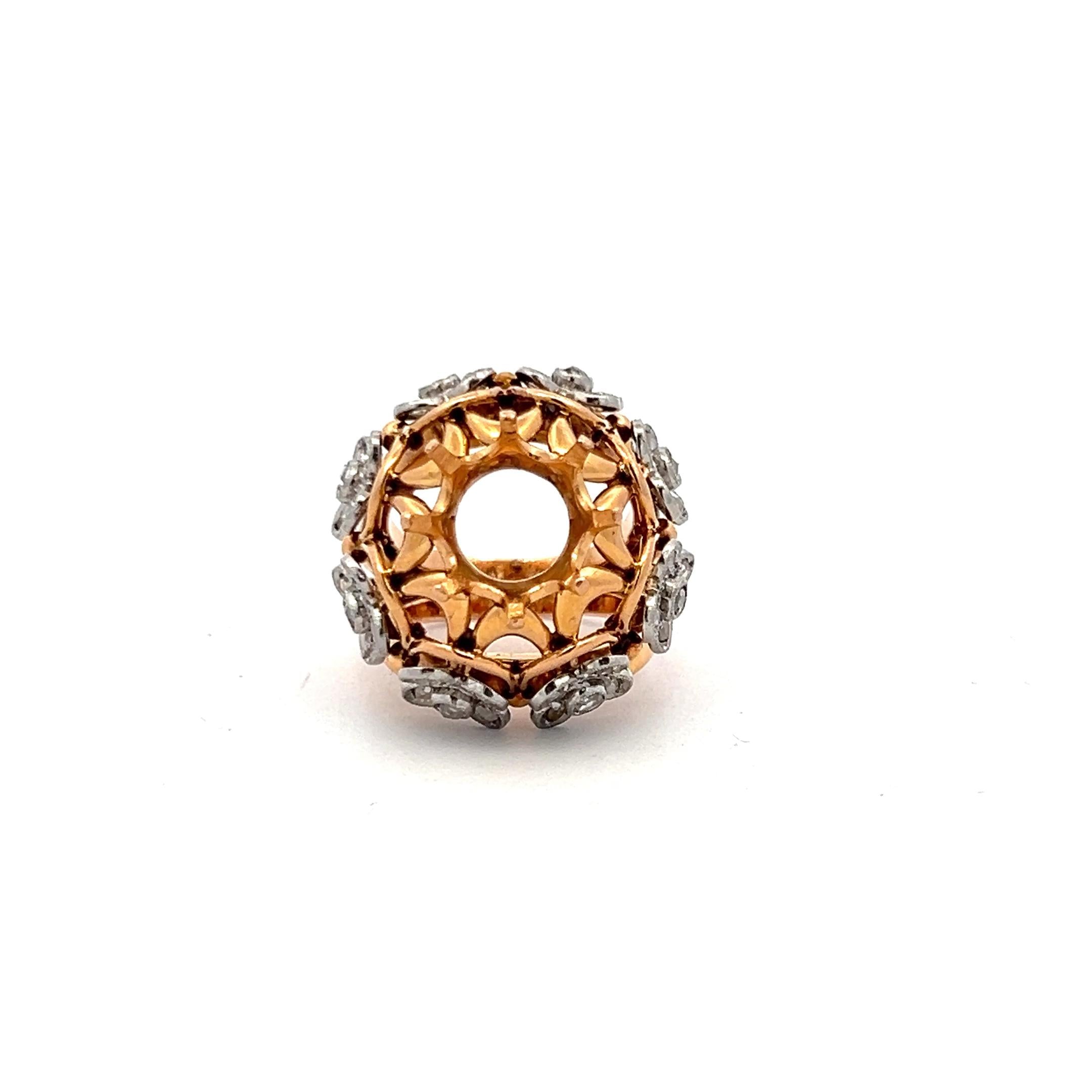 18K YG Semi Mount Ring with 1.4 Carat Rose Cut Diamond Fits 12.03x11.71mm 6.00ct