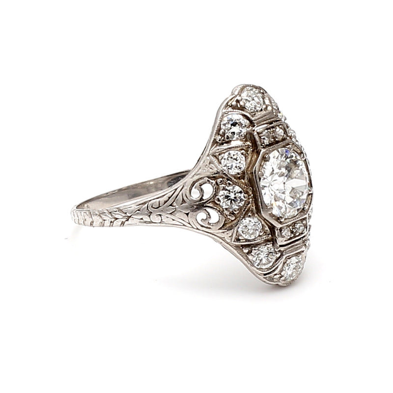 1.10 Carat Old Miner Cut H-SI1 Diamond Platinum Art Deco Ring