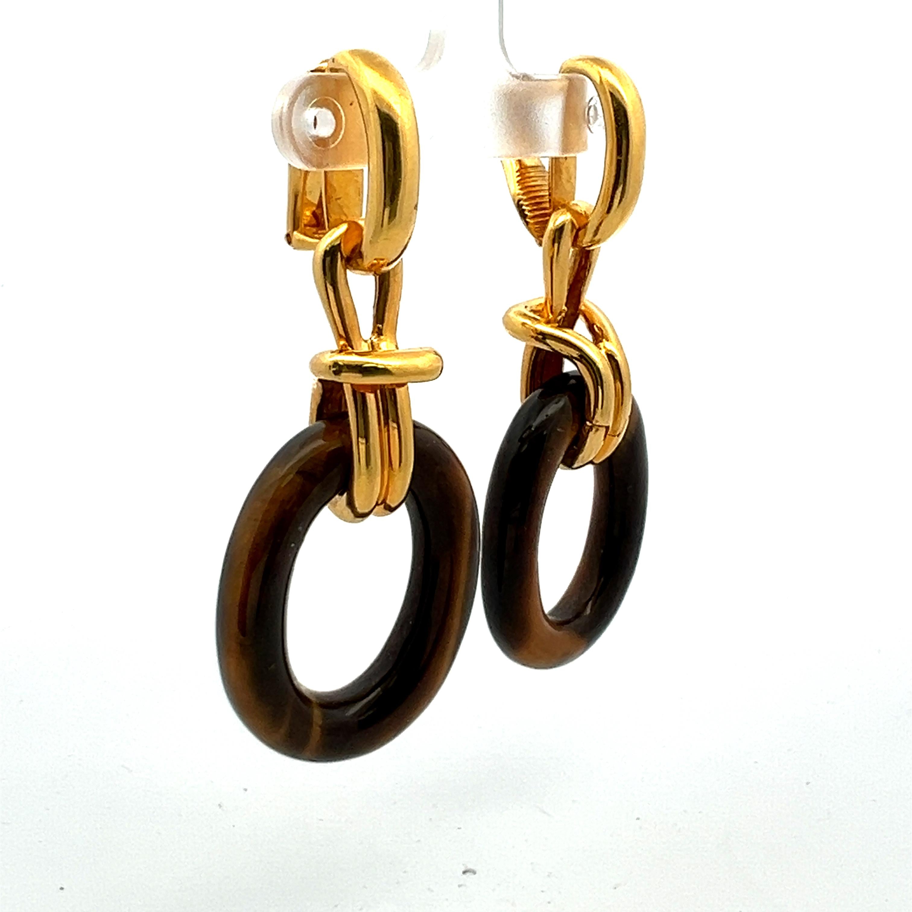 Cartier Cipullo Tiger Eye 18 Karat Yellow Gold Clip On Earrings
