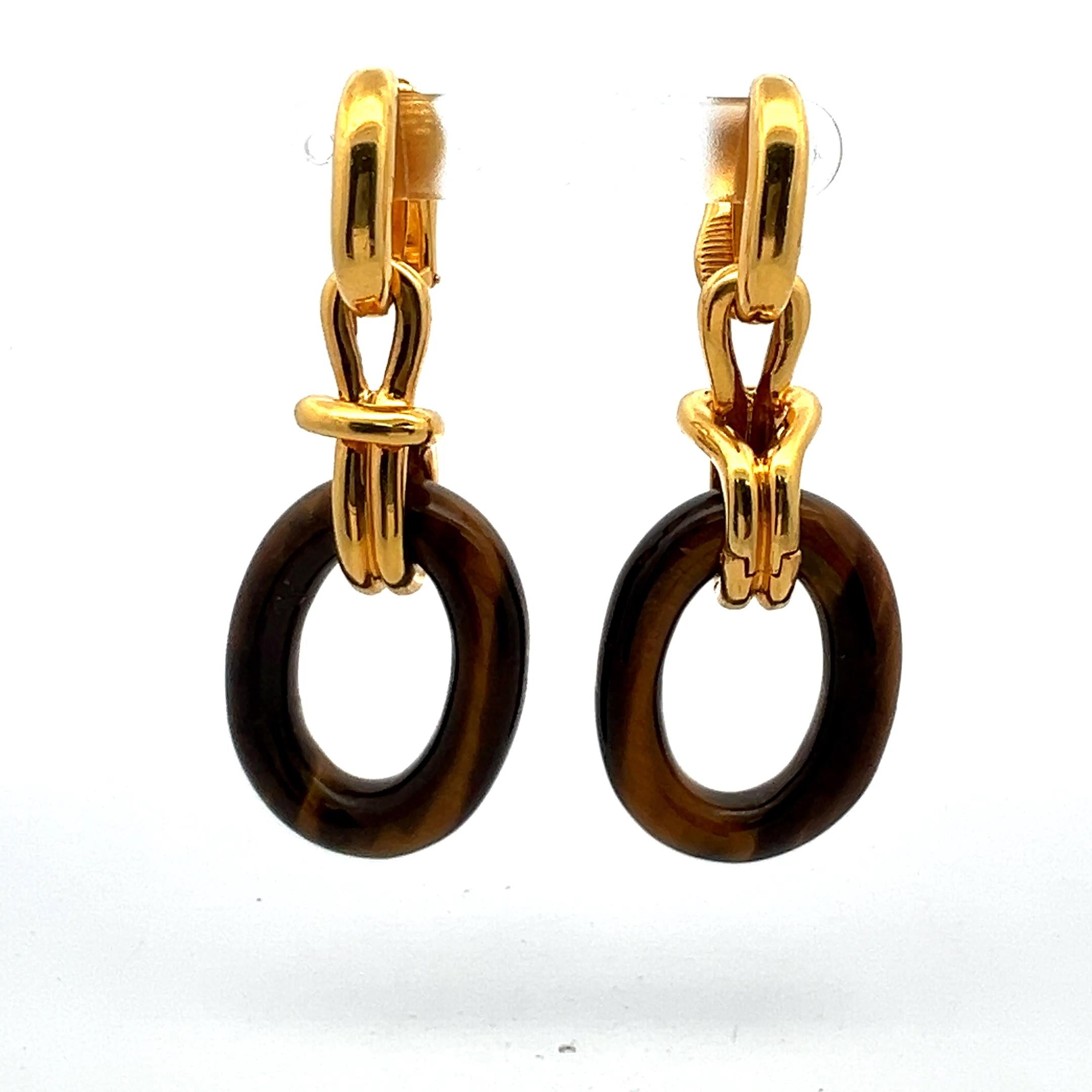 Cartier Cipullo Tiger Eye 18 Karat Yellow Gold Clip On Earrings