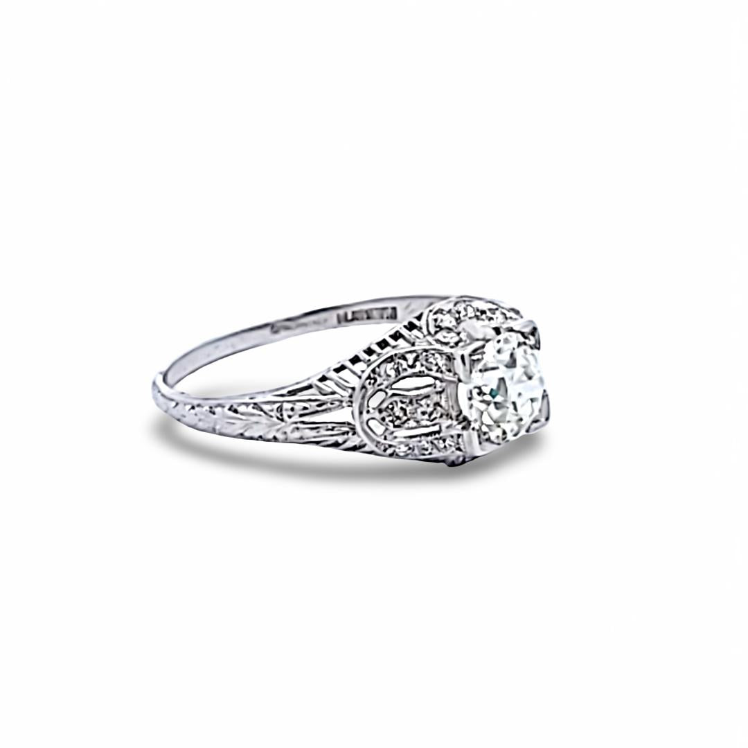 Platinum Art Deco Ring with 1.3ct Old European Cut I VS2 Diamonds Size 9.5