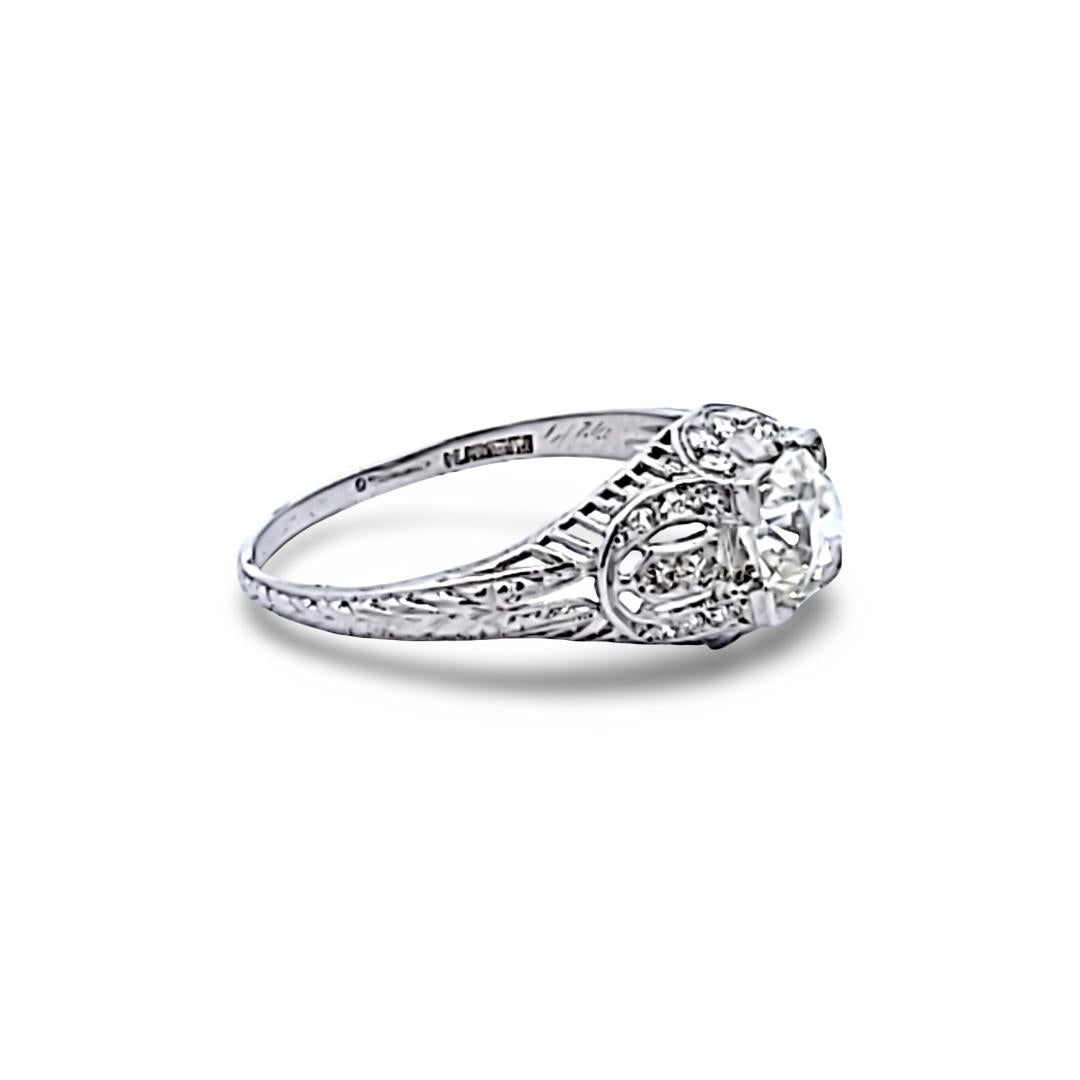 Platinum Art Deco Ring with 1.3ct Old European Cut I VS2 Diamonds Size 9.5