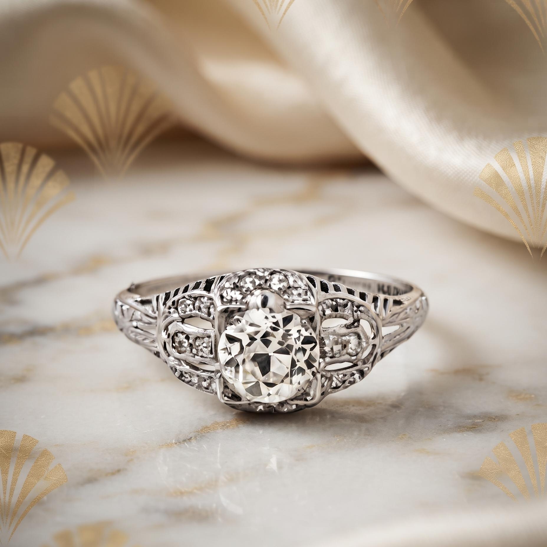 Platinum Art Deco Ring with 1.3ct Old European Cut I VS2 Diamonds Size 9.5