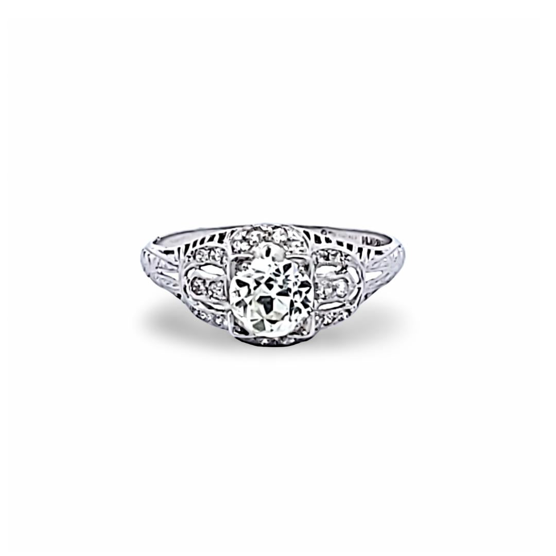 Platinum Art Deco Ring with 1.3ct Old European Cut I VS2 Diamonds Size 9.5