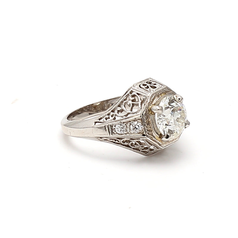 1.14 Carat Old European Cut I SI2 Diamond Platinum Art Deco Ring