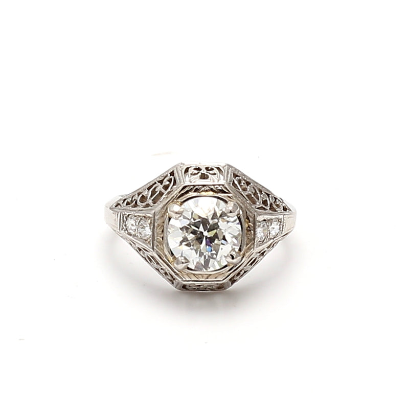 1.14 Carat Old European Cut I SI2 Diamond Platinum Art Deco Ring