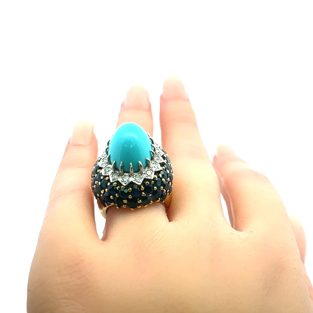 12.8-17.8MM Turquoise 8.80 Carat Sapphire and Diamond 18K Gold Cocktail Ring