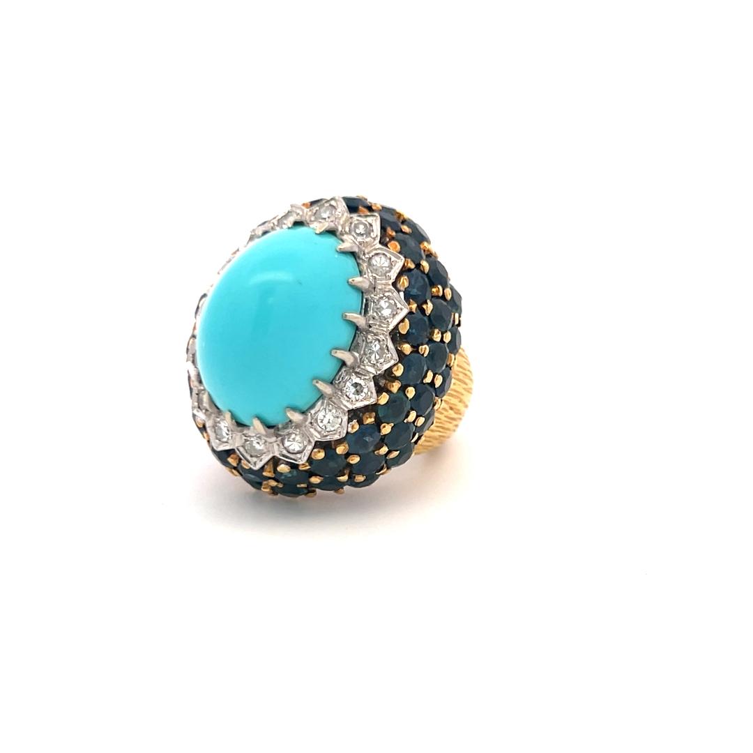 12.8-17.8MM Turquoise 8.80 Carat Sapphire and Diamond 18K Gold Cocktail Ring