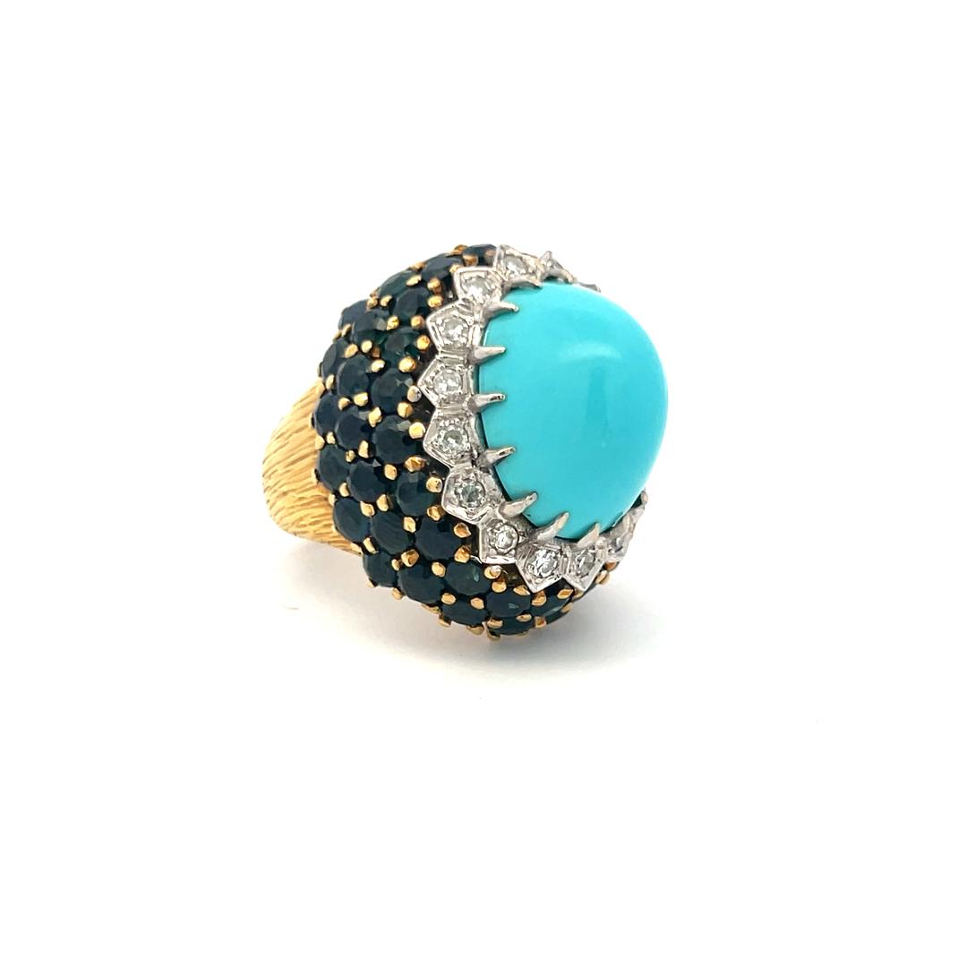 12.8-17.8MM Turquoise 8.80 Carat Sapphire and Diamond 18K Gold Cocktail Ring
