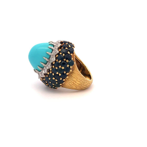 12.8-17.8MM Turquoise 8.80 Carat Sapphire and Diamond 18K Gold Cocktail Ring