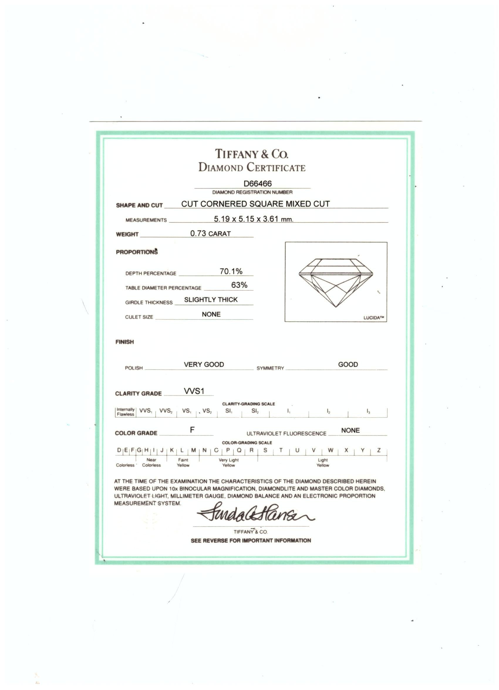 Tiffany & Co White Platinum Engagement Ring with 0.73ct Emerald F VVS1 Diamond